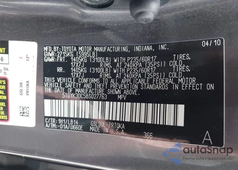 2011 Toyota Sienna Xle V6 z USA, uszkodzony, nr VIN 5TDYK3DC5BS027763